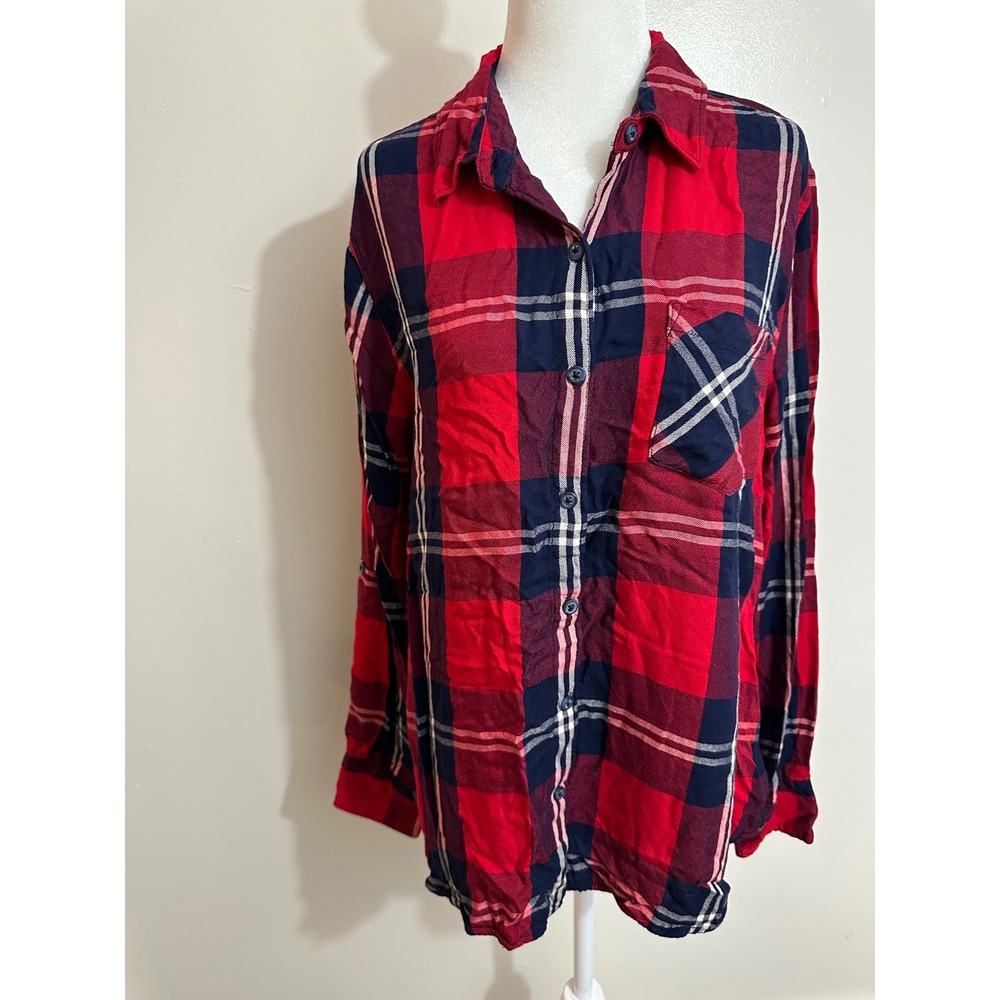 Woolrich Womens XL Red Navy Blue Plaid Rayon Button Down Shirt Long Sleeve